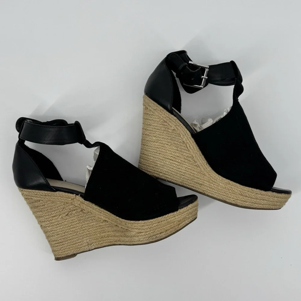 Marc Fisher‎ Black Espadrille Wedge Sandals Ankle Strap Peep Toe Size 9M Coastal